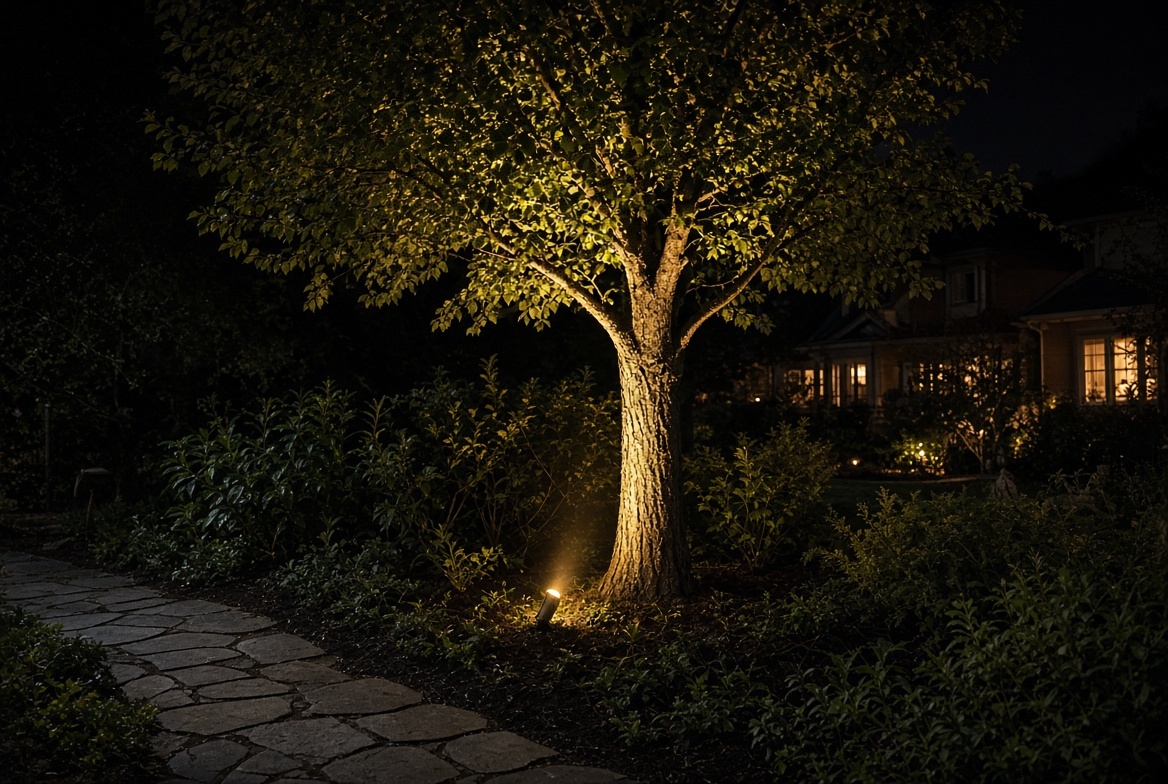 Tree lit at night by one small uplight; the fixture stays, the brightness can change.