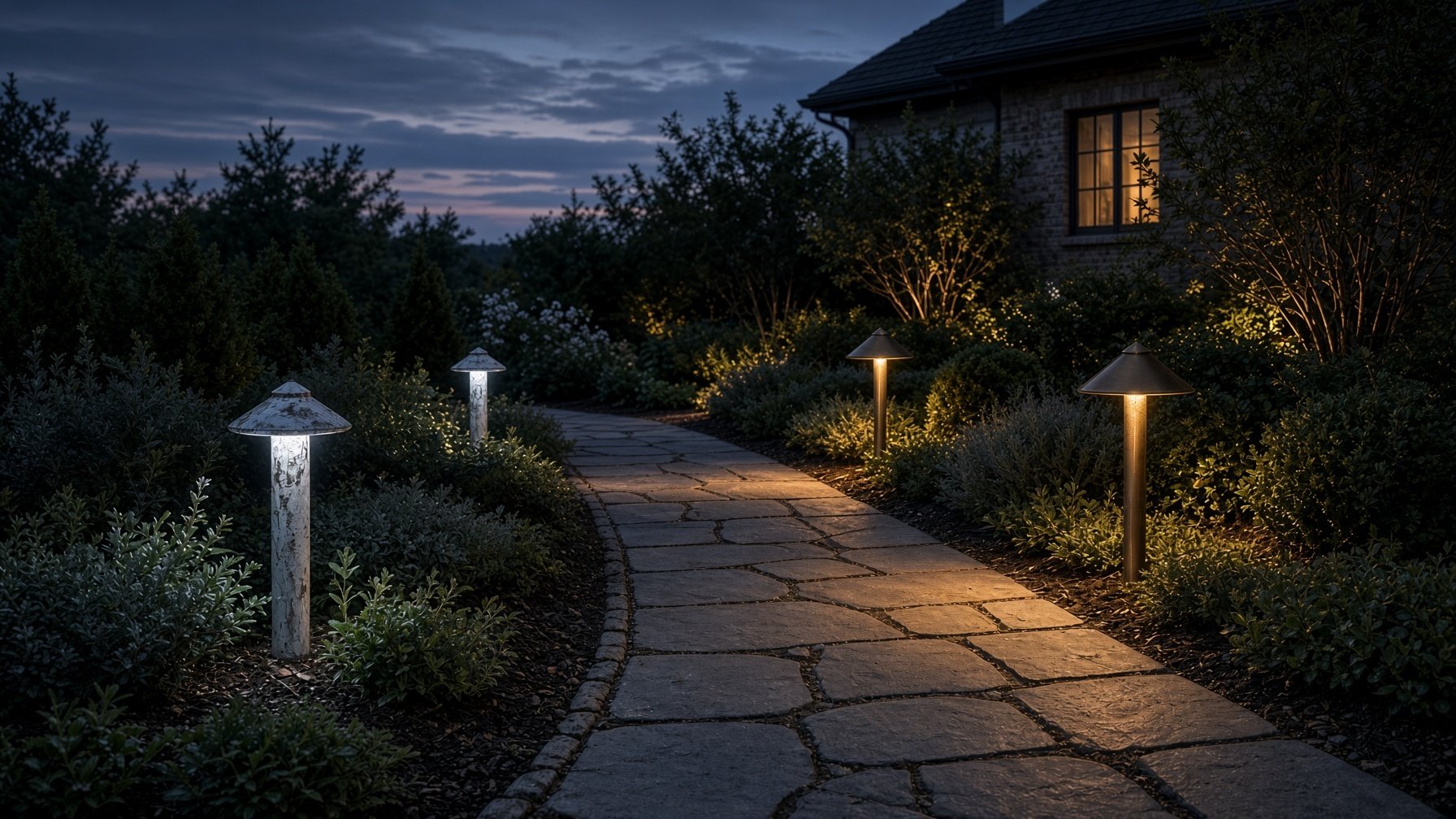 Same path at dusk: one run of weathered brass hats, even color, even aim